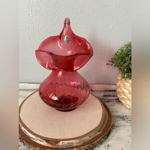 Vintage Fenton Cranberry Optic  Jack-in-the-Pulpit Vase 8.5” MINT Signed? Marked